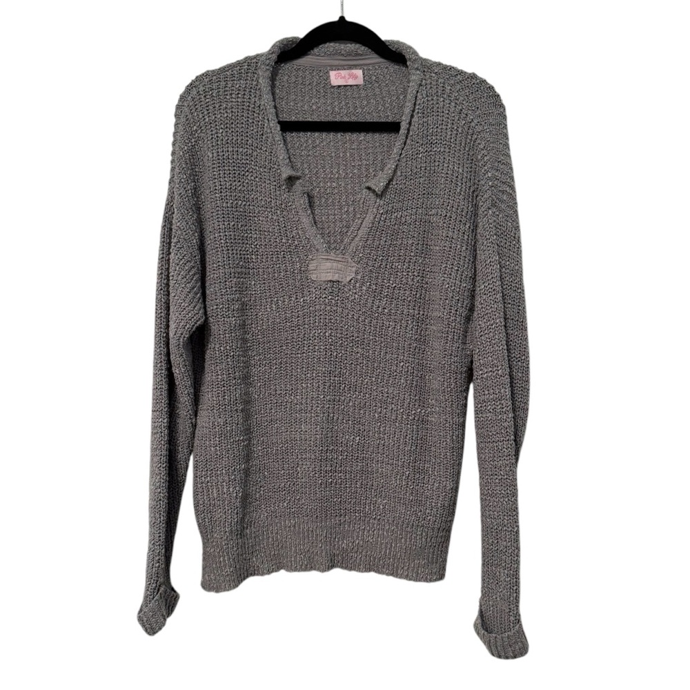Pink‎ Lily This Time Around Oversized V-Neck Long Sleeve Sweater Grey Medium